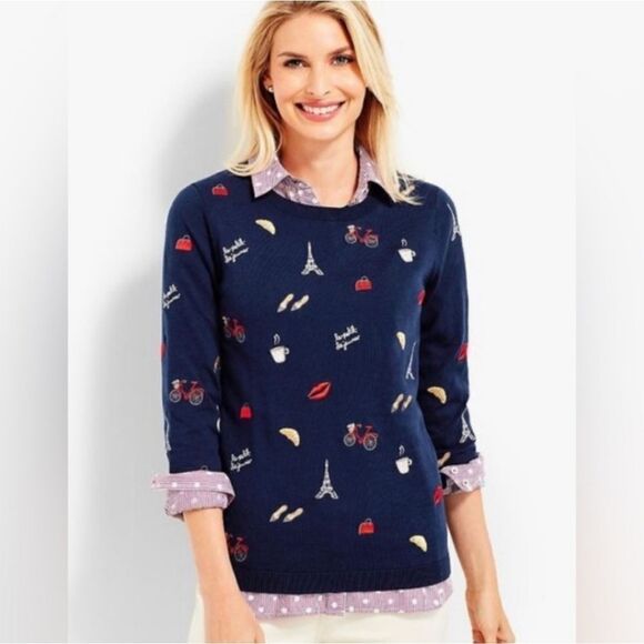 TALBOT NAVY BLUE EMBROIDERED PARIS SWEATER, SIZE X - Picture 3 of 9